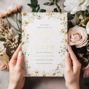 White Floral & Gold Foil Wedding Save The Date Foil Invitation
