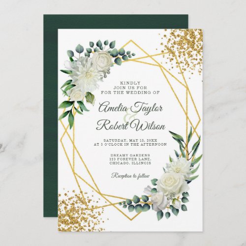 White Floral Gold Frame Confetti Invitation