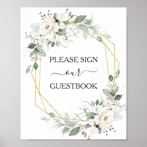 White floral gold frame wedding guestbook sign