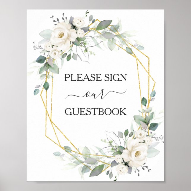 White floral gold frame wedding guestbook sign (Front)