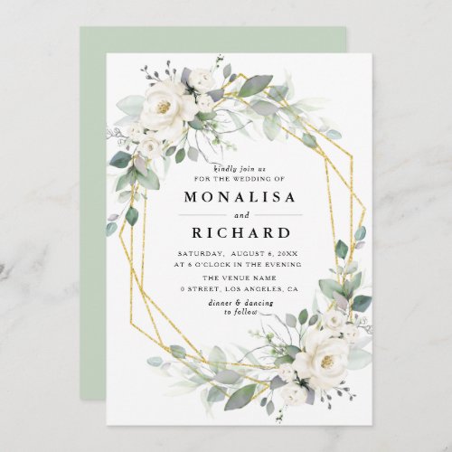 White floral gold frame wedding invitation