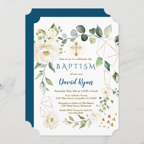 White Floral Gold Geometric Cross Boy Baptism Invitation