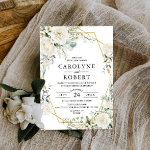White Floral Gold Geometric Greenery Wedding Invitation