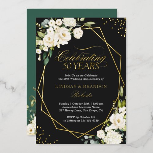 White Floral Gold Geometric Wedding Anniversary Foil Invitation