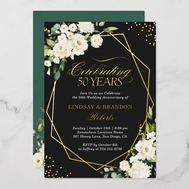 White Floral Gold Geometric Wedding Anniversary Foil Invitation | Zazzle