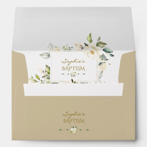 White Floral Gold Glitter Baptism Return Address Envelope