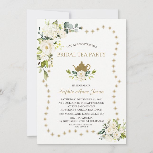 White Floral Gold Glitter Bridal Shower Tea Party Invitation (Front)