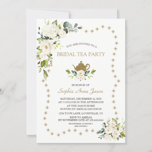 White Floral Gold Glitter Bridal Shower Tea Party Invitation