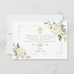 White Floral Gold Glitter Frame Cross Girl Baptism Thank You Card | Zazzle