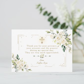 White Floral Gold Glitter Frame Cross Girl Baptism Thank You Card | Zazzle