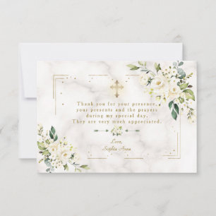 White Floral Gold Glitter Frame Marble Baptism Thank You Card