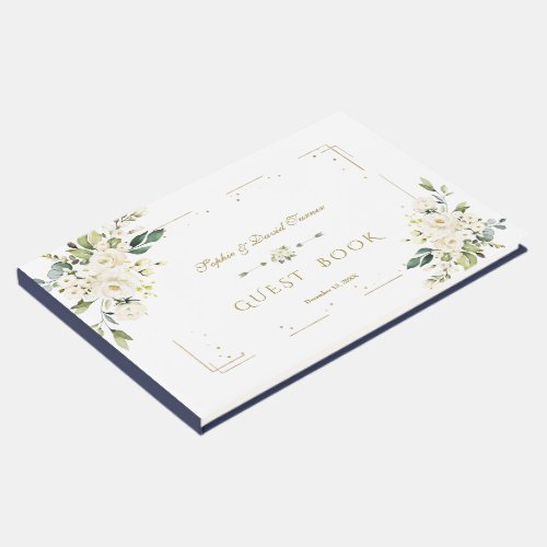 White Floral Gold Glitter Frame Navy Wedding Guest Book