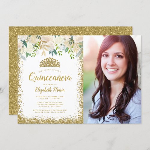 White Floral Gold Glitter Tiara Quinceanera Photo Invitation