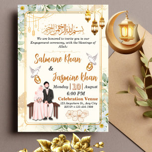 White Floral Gold Islamic Engagement Ceremony Invitation