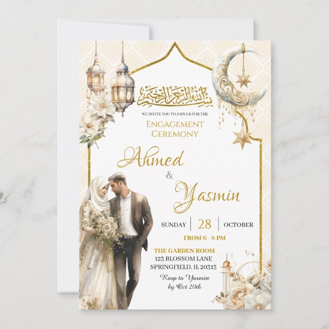 sachin and babi light blue dress White Floral Gold Muslim Engagement Ceremony Invitation