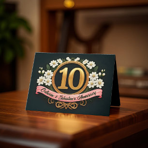 White Floral Gold Number 10th Wedding Anniversary Card