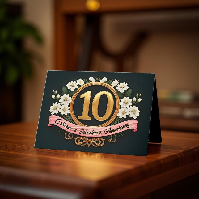 White Floral Gold Number 10th Wedding Anniversary  Card (Creator Uploaded)