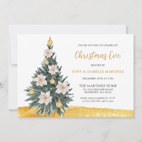 White Floral Gold Ornament Christmas Tree Party In Invitation