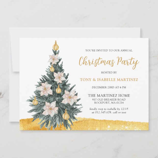 White Floral Gold Ornament Christmas Tree Party Invitation (Front)