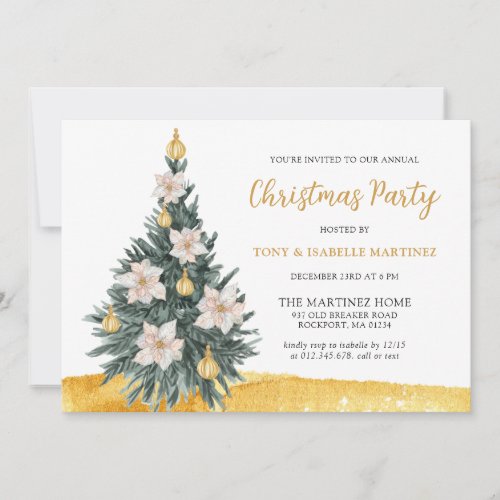 White Floral Gold Ornament Christmas Tree Party Invitation