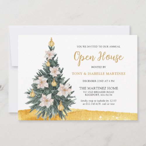 White Floral Gold Ornament Christmas Tree Party Invitation