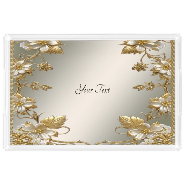 White Floral Gold Ornate Acrylic Vanity Tray (Front)