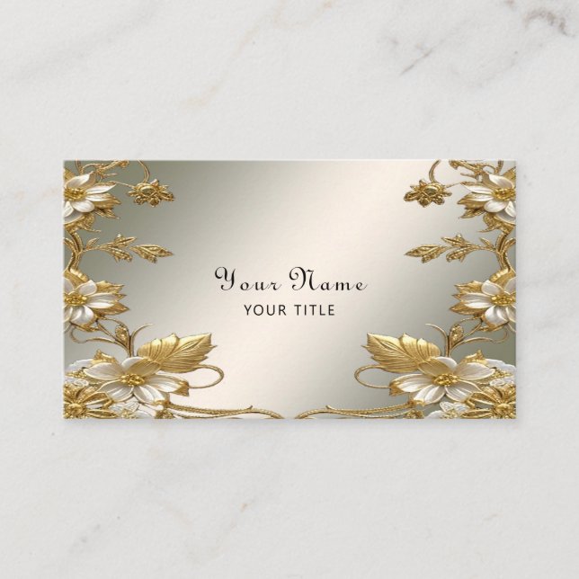 White Floral Gold Ornate Business Card (Front)
