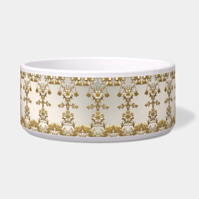 White Floral Gold Ornate Ceramic Pet Bowl (Front)