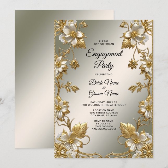 White Floral Gold Ornate Engagement Invitation (Front/Back)