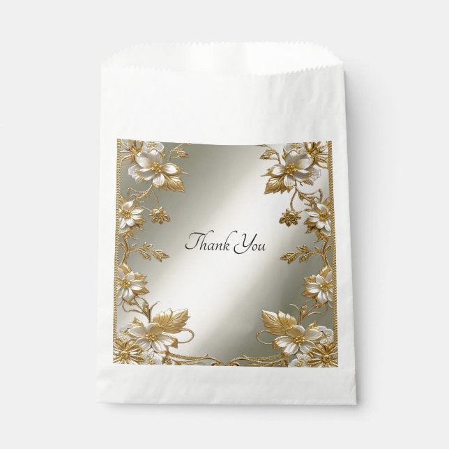White Floral Gold Ornate Favor Bag (Front)