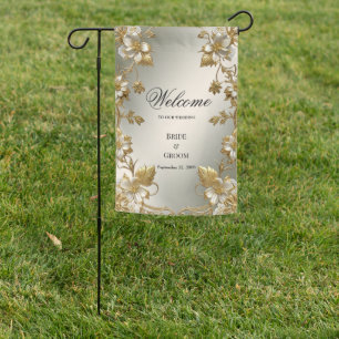 White Floral Gold Ornate Garden Flag