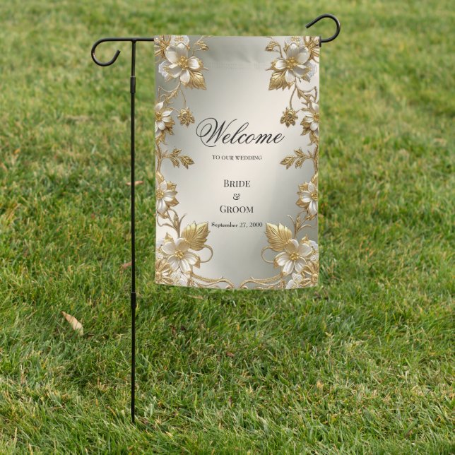 White Floral Gold Ornate Garden Flag (In SItu)