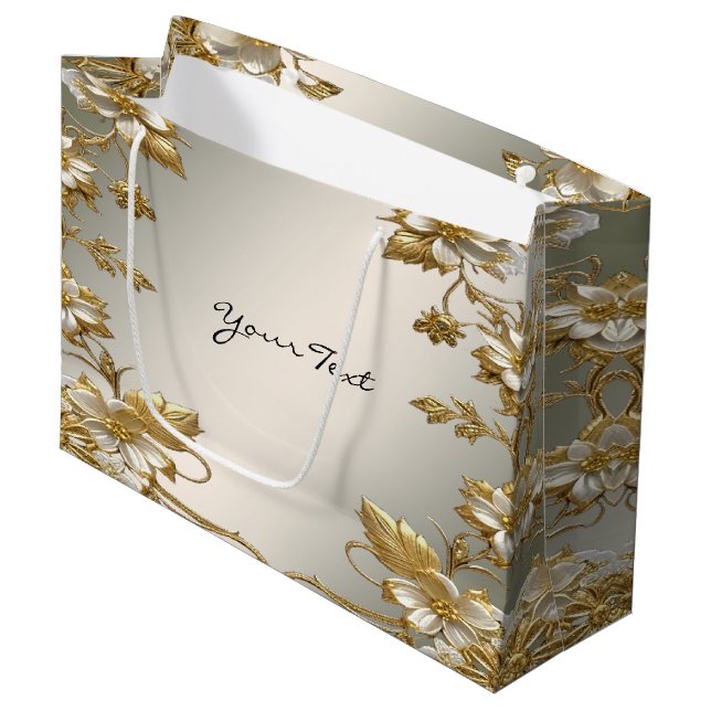 White Floral Gold Ornate Gift Bag (Front Angled)