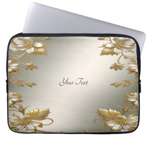 White Floral Gold Ornate Laptop Sleeve