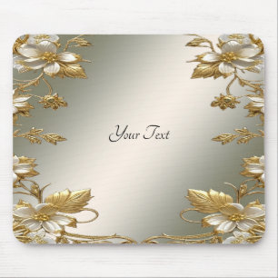 White Floral Gold Ornate Mousepad