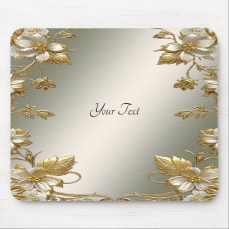 White Floral Gold Ornate Mousepad