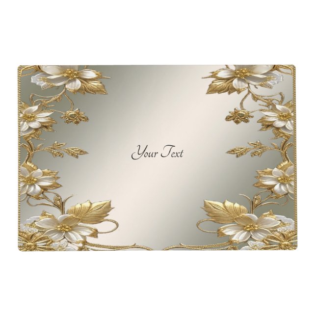 White Floral Gold Ornate Paper Placemat (Front)