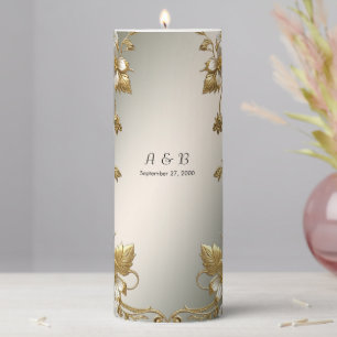 White Floral Gold Ornate Pillar Candle