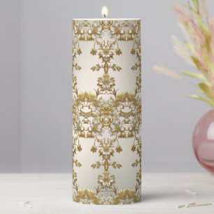 White Floral Gold Ornate Pillar Candle