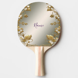 White Floral Gold Ornate Ping Pong Paddle