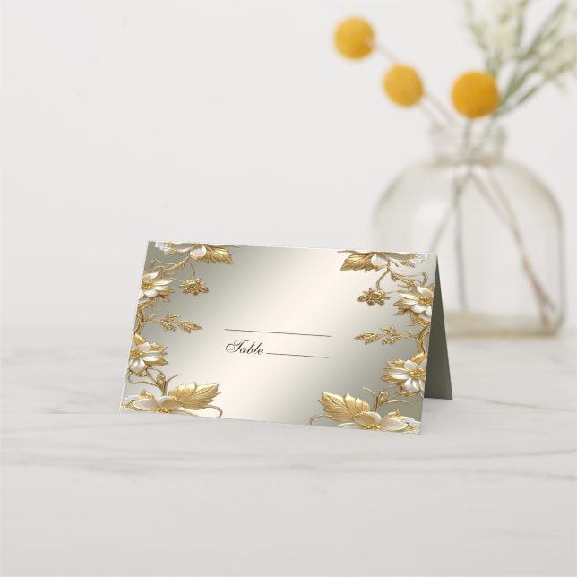 White Floral Gold Ornate Place Card (Front)