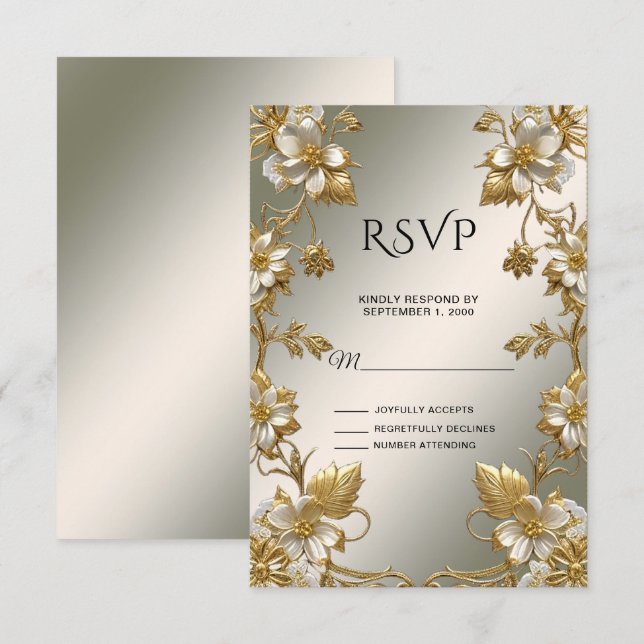 White Floral Gold Ornate RSVP Card (Front/Back)