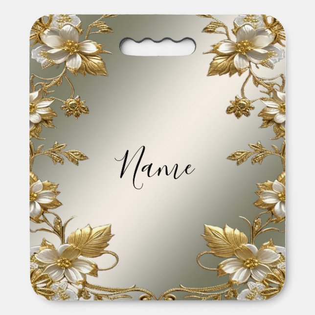 White Floral Gold Ornate Stadium Seat Cushion (Front Vertical)