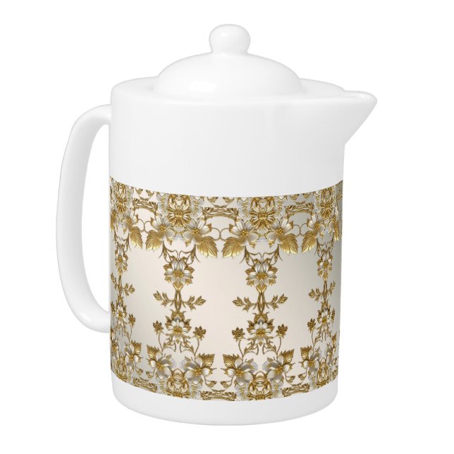 White Floral Gold Ornate Teapot (Left)