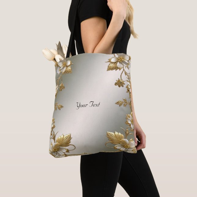 White Floral Gold Ornate Tote Bag (Close Up)