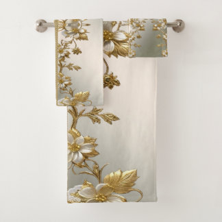 White Floral Gold Ornate Towel Set