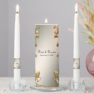 White Floral Gold Ornate Unity Candle Set
