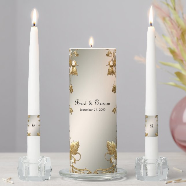 White Floral Gold Ornate Unity Candle Set (In Situ)