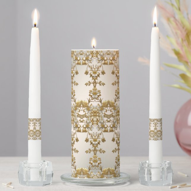 White Floral Gold Ornate Unity Candle Set (In Situ)