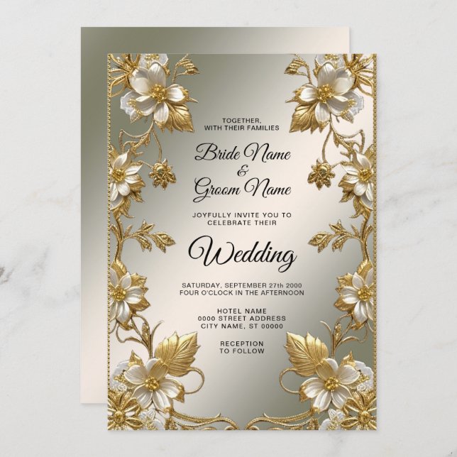 White Floral Gold Ornate Wedding Invitation (Front/Back)